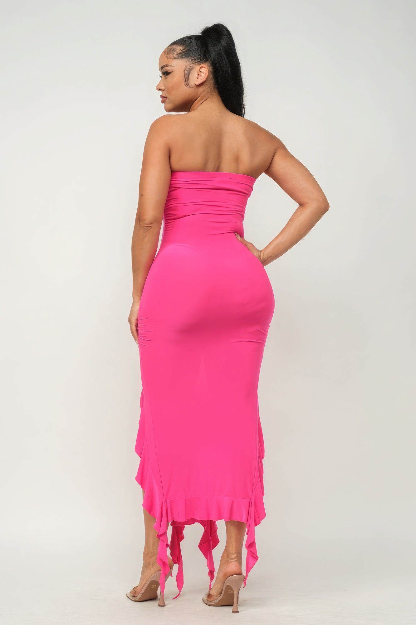 Solid Bottom Ruffle Trim Hem Slit Tube Maxi Dress