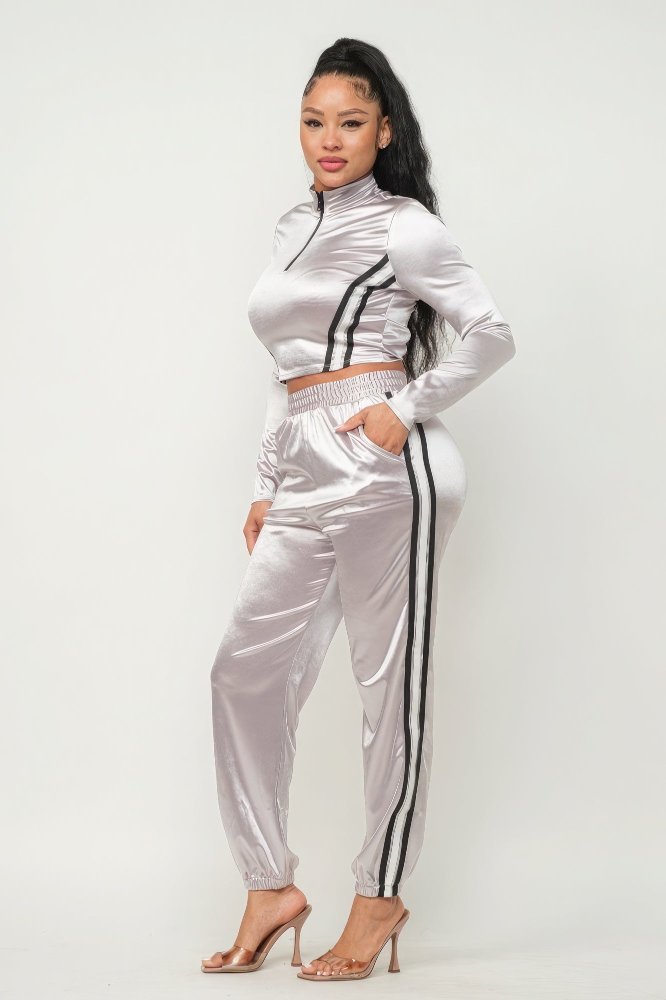 Front Zip Up Stripes Detail Jacket And Pants Set