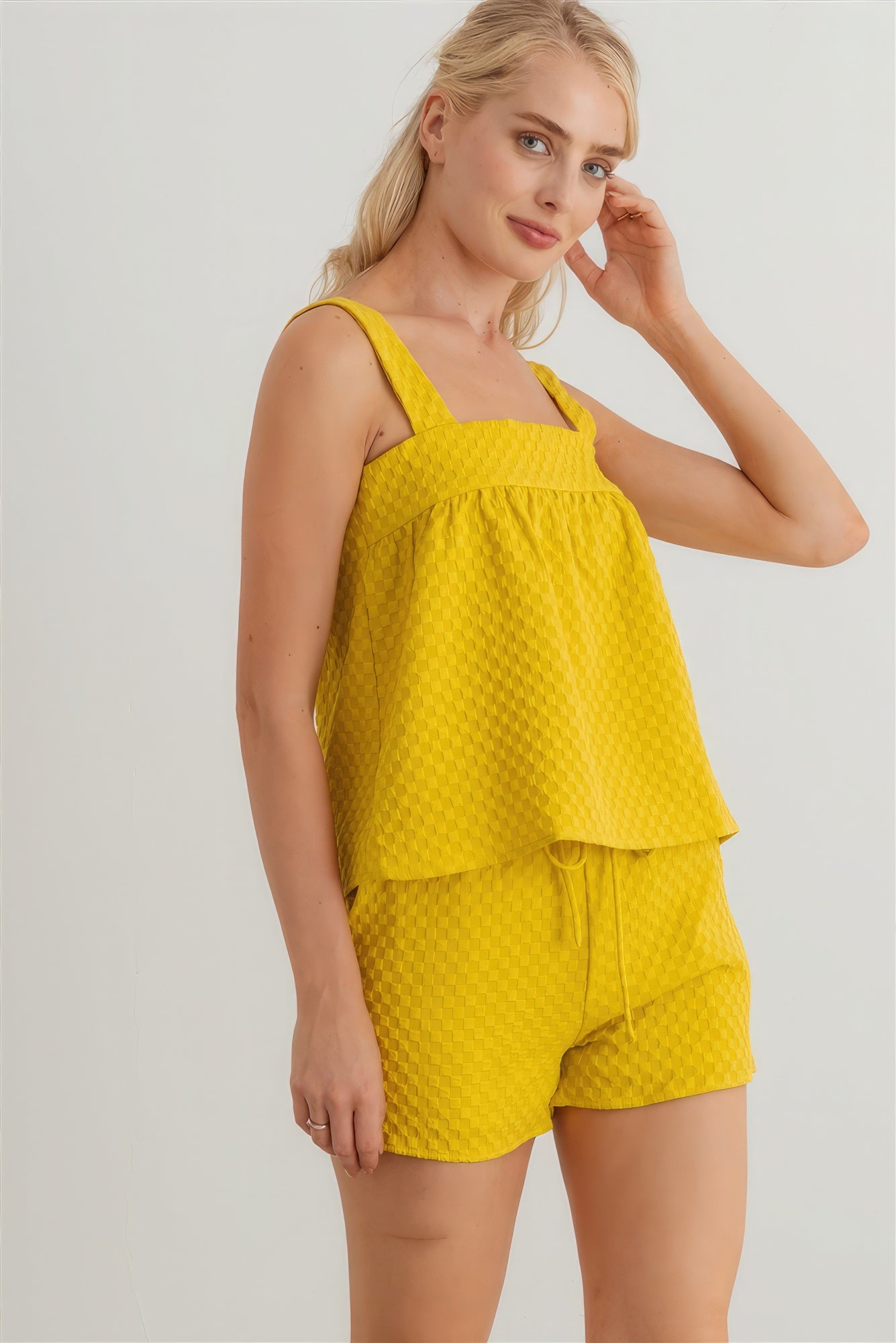 Dijon Textured Sleeveless Flare Top & High Waist Two Pocket Shorts Set