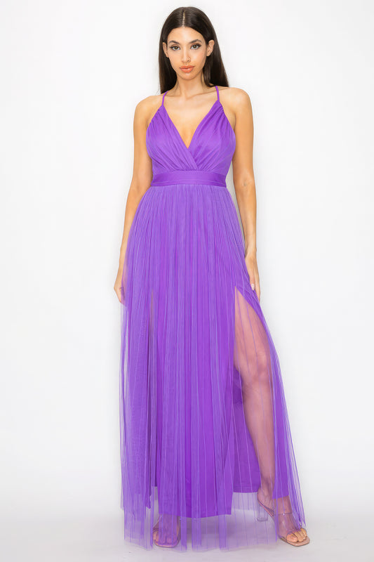 Pleated Mesh Slit Maxi Dress