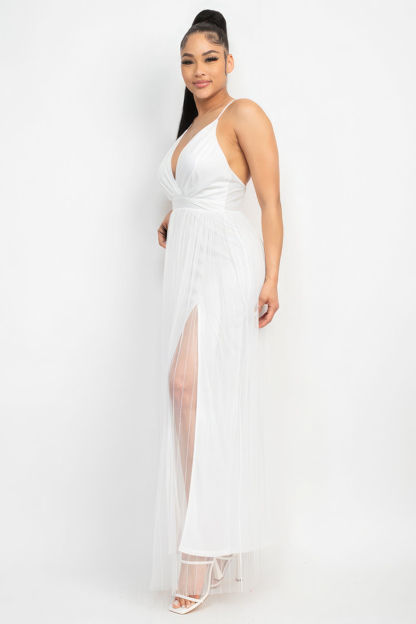 Pleated Mesh Slit Maxi Dress