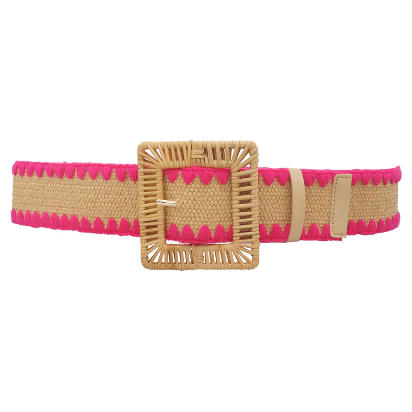 Rectangle Rattan Buckle Crochet Trim Straw Belt