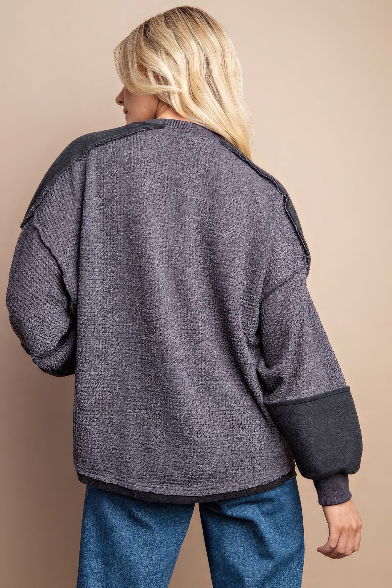 Waffle Knit And Fleece Contrast Henley Top With Button Front