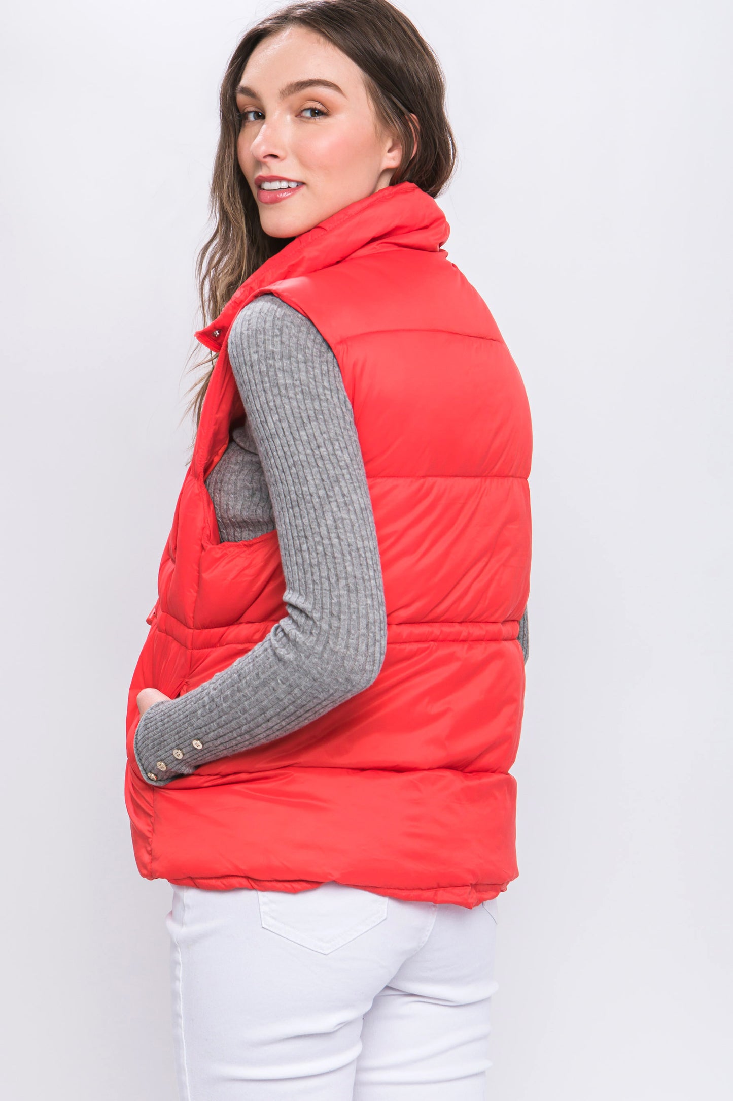 Zip Up Button Puffer Vest With Waist Toggles