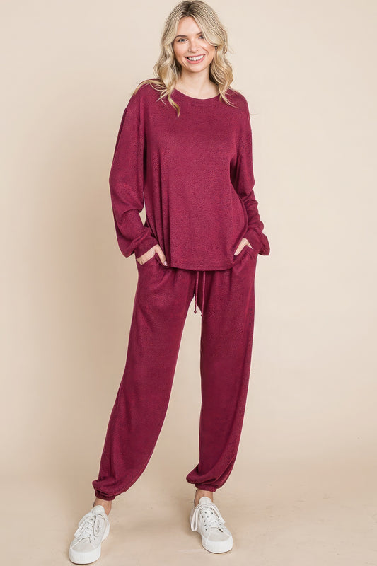 Two Tone Solid Warm And Soft Hacci Brush Loungewear Set